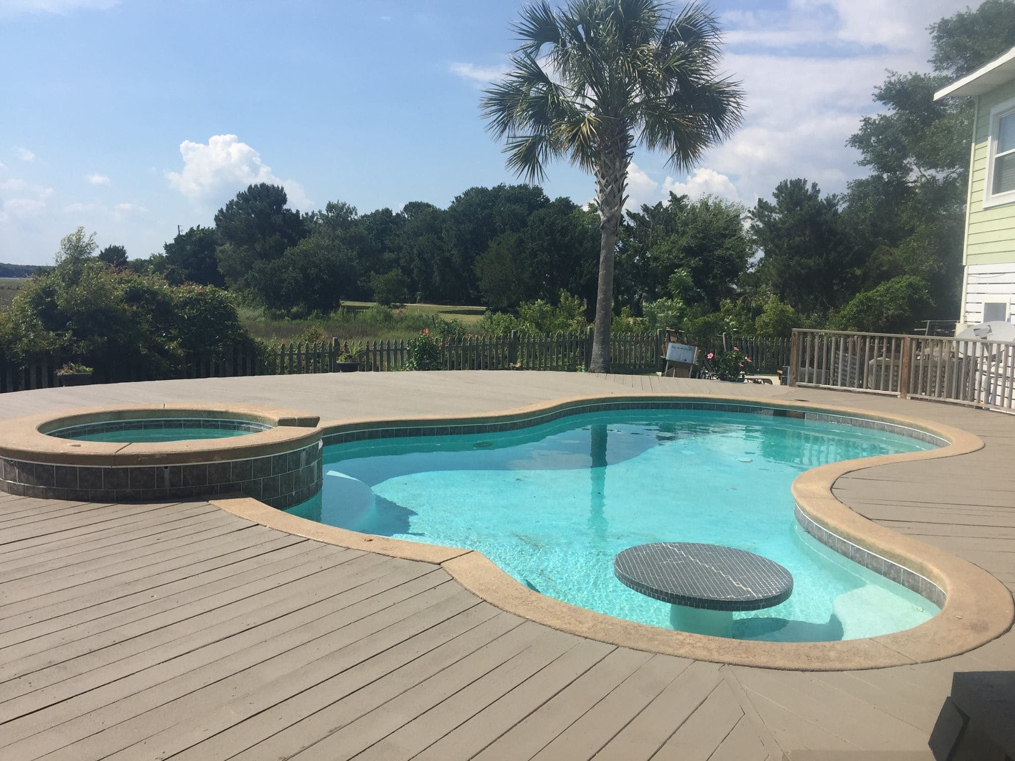 Residential pool deck with hot tub and palm tree, freshly coated